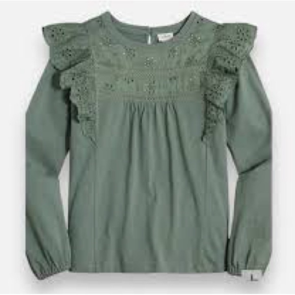 J. Crew Women Sage Green Eyelet Ruffle Long-Sleeve Top